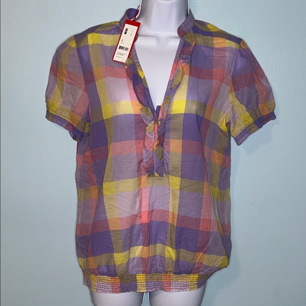 NWT Esprit Multicolor Pastel Plaid Ruffle 100% Cotton Lightweight Top, Large